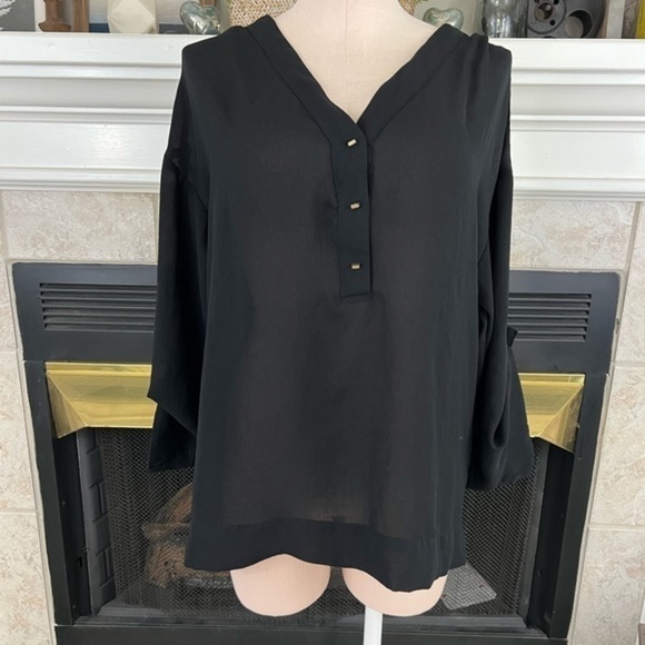 Zara Basic Black Semi Sheer Blouse with Mini Gold Peg Buttons - Picture 2 of 14